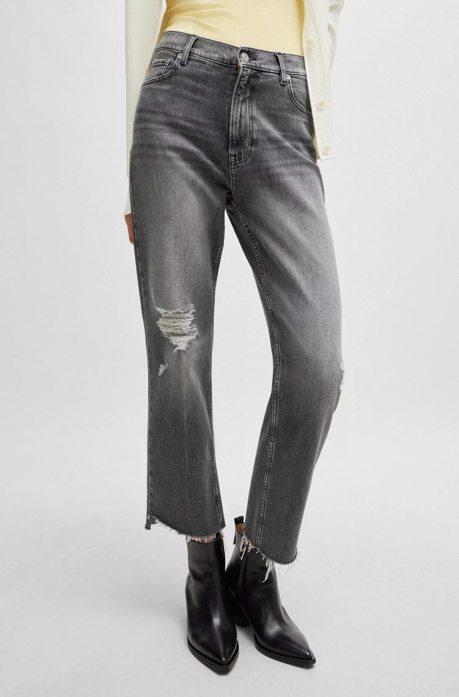 Calça jeans BOSS laranja, corte slim, em denim stretch cinza.
