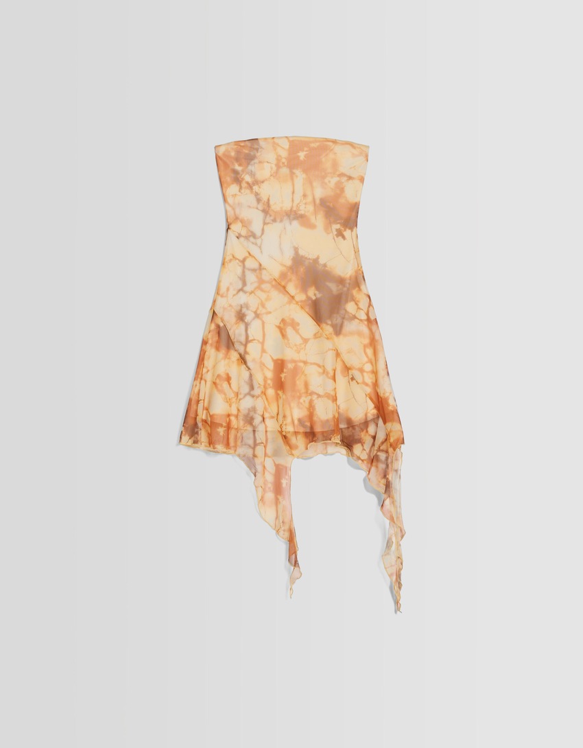 Vestido curto estampado assimétrico com babados