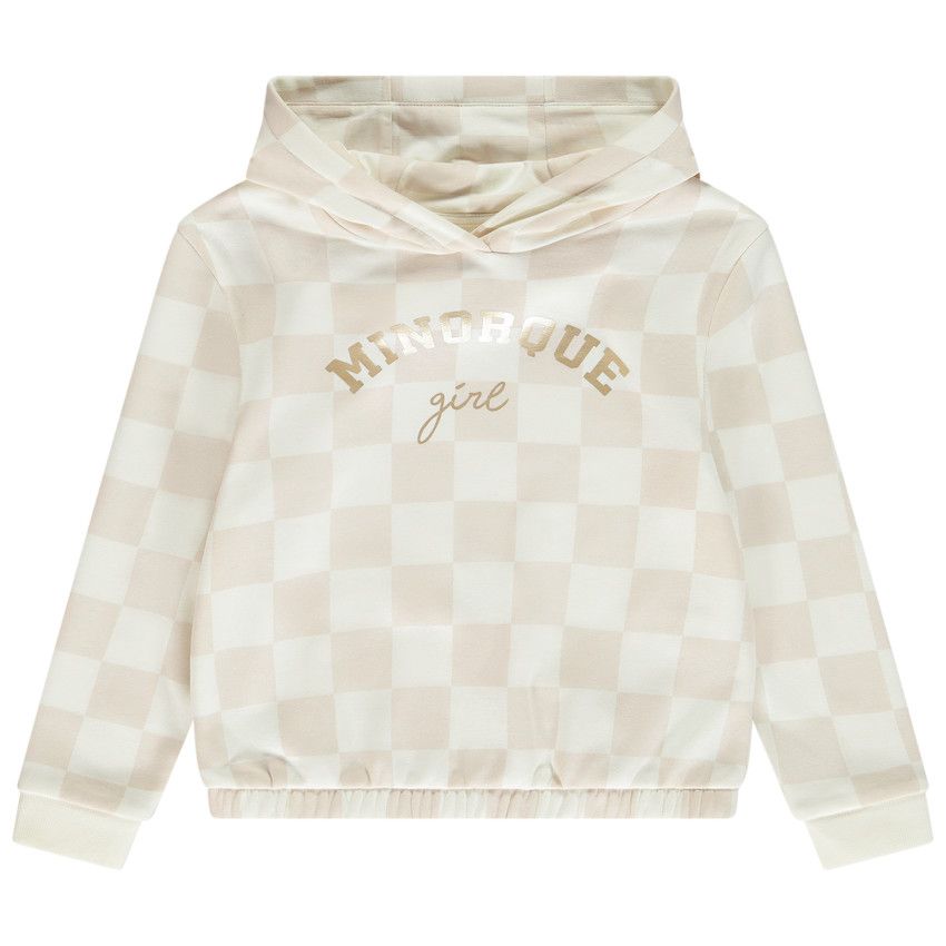 Sweat imprimé damier et print doré pour fille - Ecru