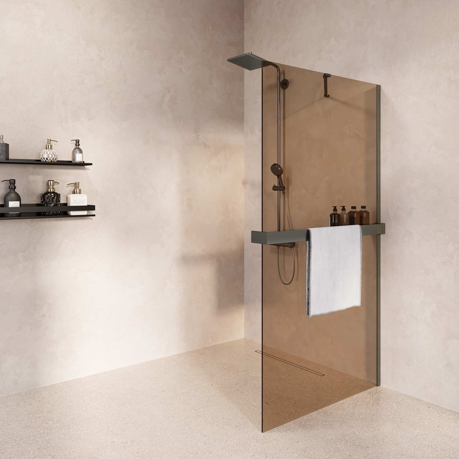 Saniclear Oblique inloopdouche 100cm met handdoekhouder en bronsglas verouderd ijzer - gunmetal