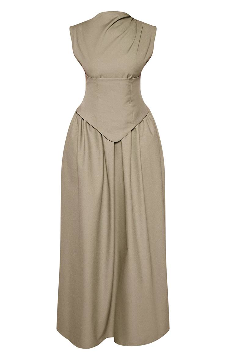 Vert Olive Robe Longue Droite Cintrée À Col Montant Et Corset En Tissu Tissé