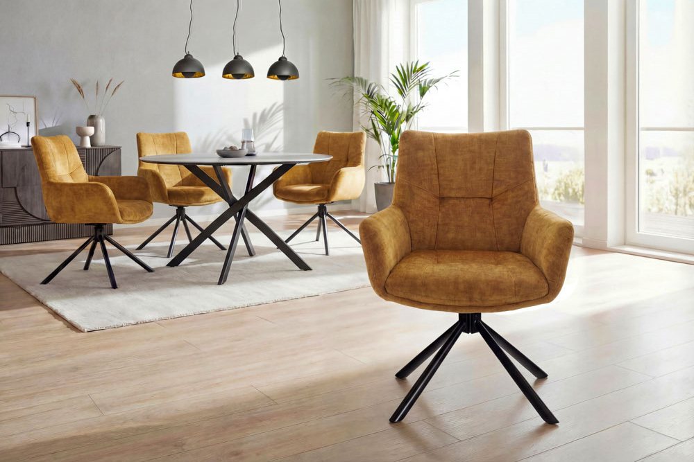 Drehbarer Design Stuhl SIGNATURE senfgelb Samt 360° Taschenfederkern schwarz Metall