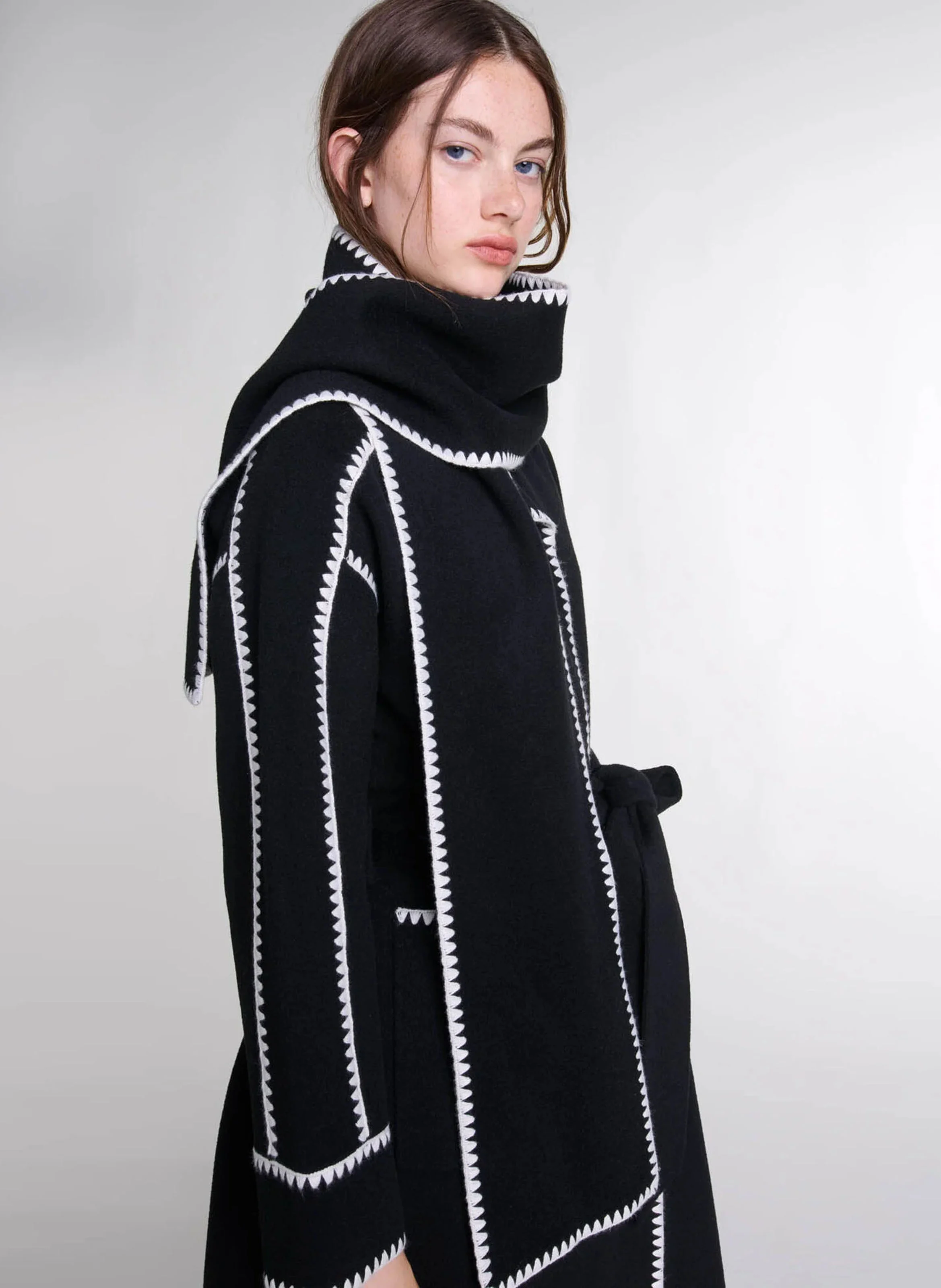 Manteau col tailleur en laine mélangée | Noir