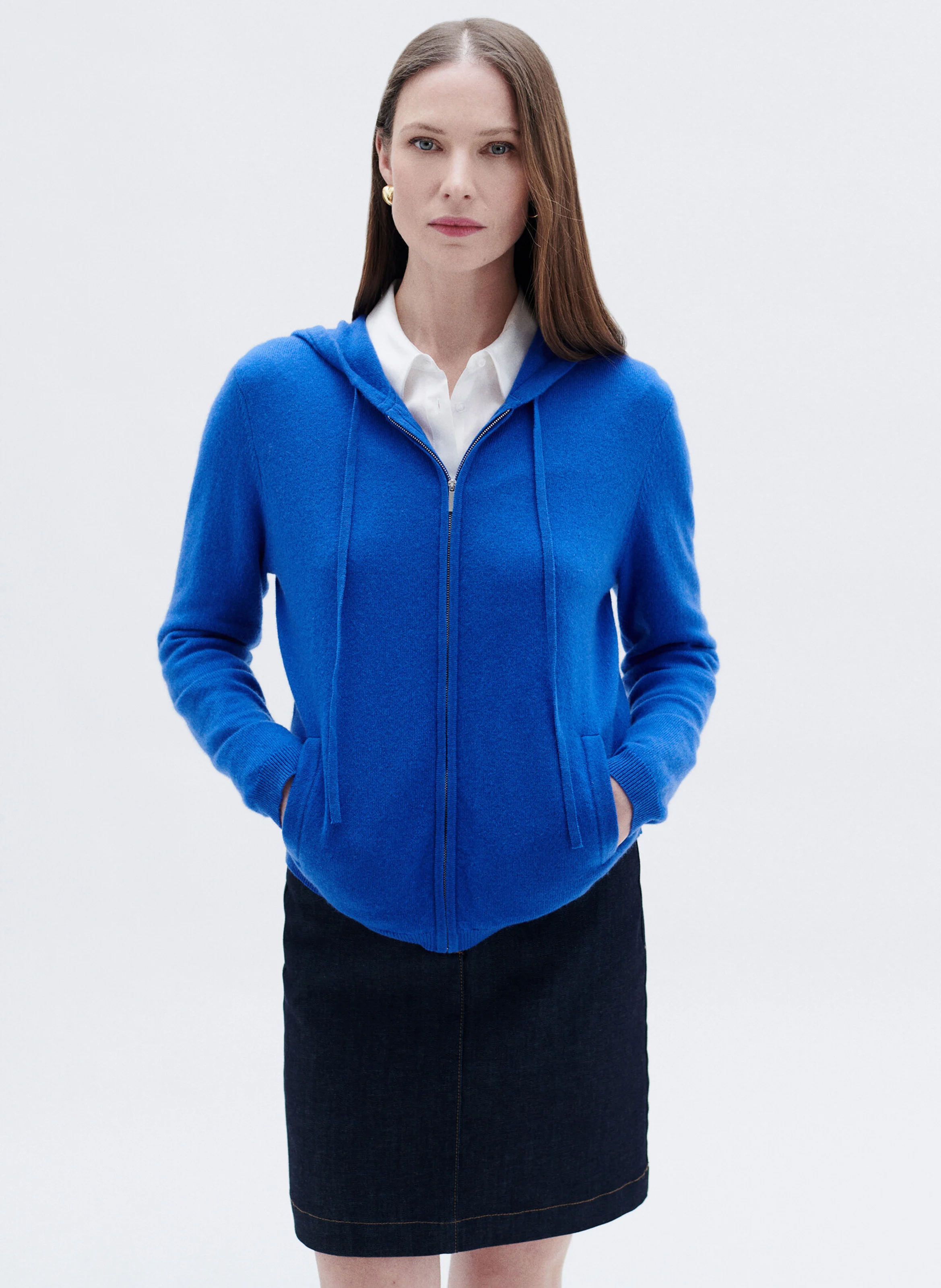 BASILA - Gilet droit à capuche en laine et cachemire | Bleu