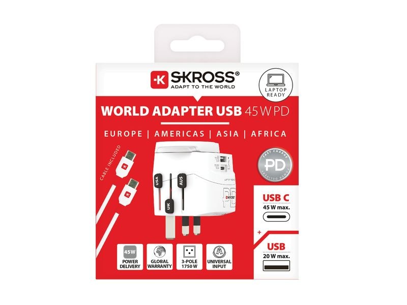 SKROSS Reiseadapter Pro Light, 1 x USB-A und C 3-polige Weltreiseadapter mit integriertem PD-USB-Ladegerät