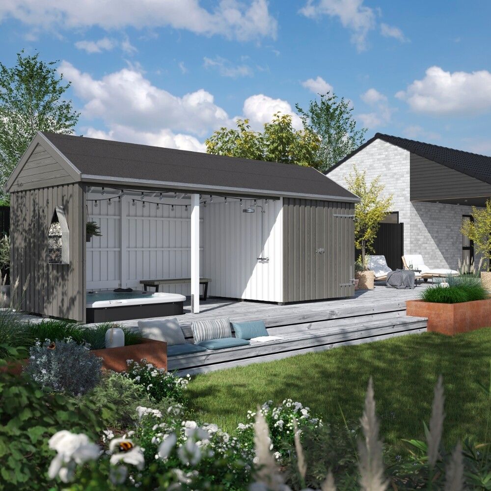 REDSKAPSBOD PLUS CLASSIC MULTI GARDEN ENKELDØR OG ÅPEN FRONT INKL TAKPAPP/ALUMINIUMLISTER/STOLPEFØTTER UBEHANDLET 14,5M²