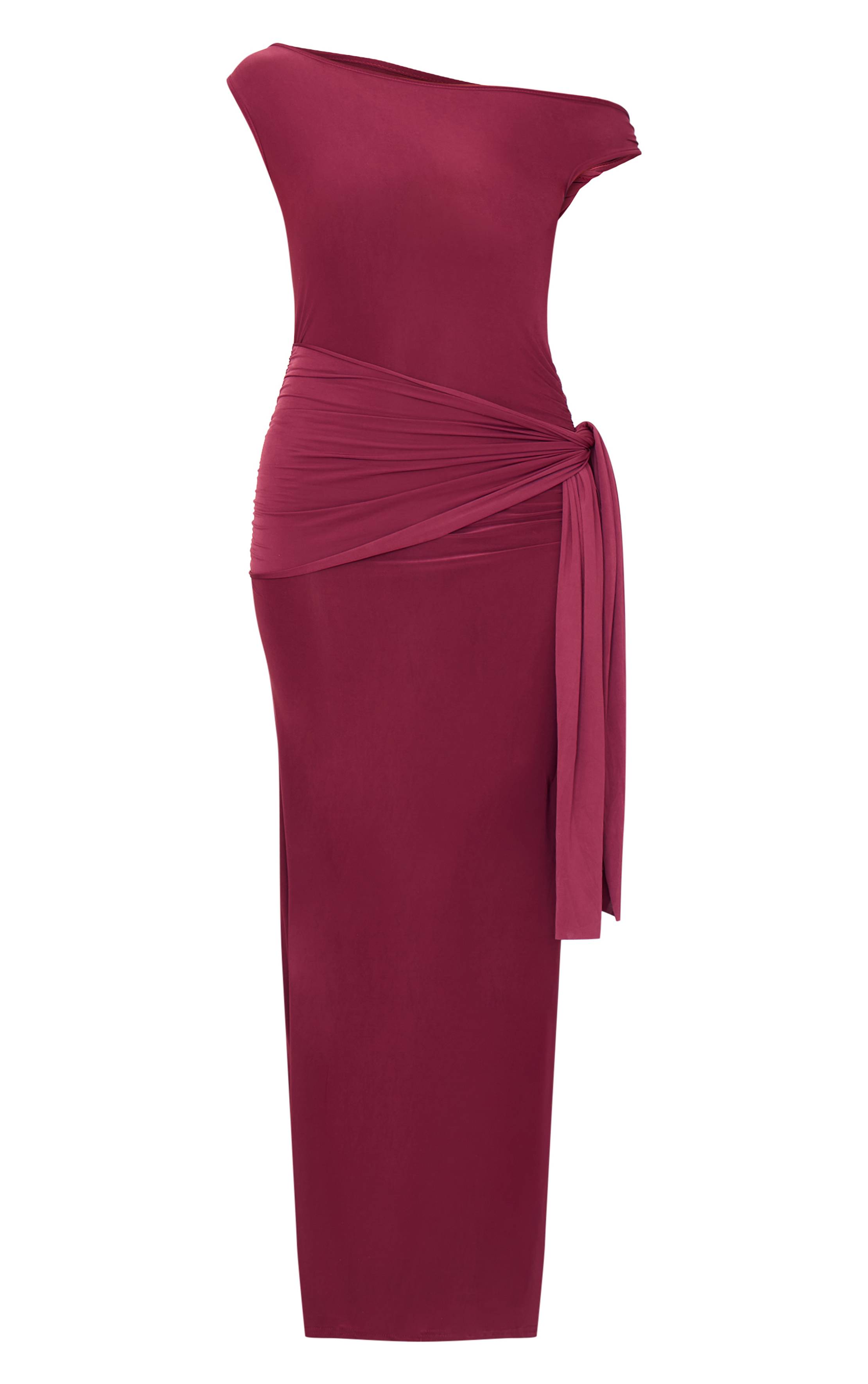 Rouge Bordeaux Robe Longue Moulante À Épaules Dénudées Avec Détail Cache-cœur