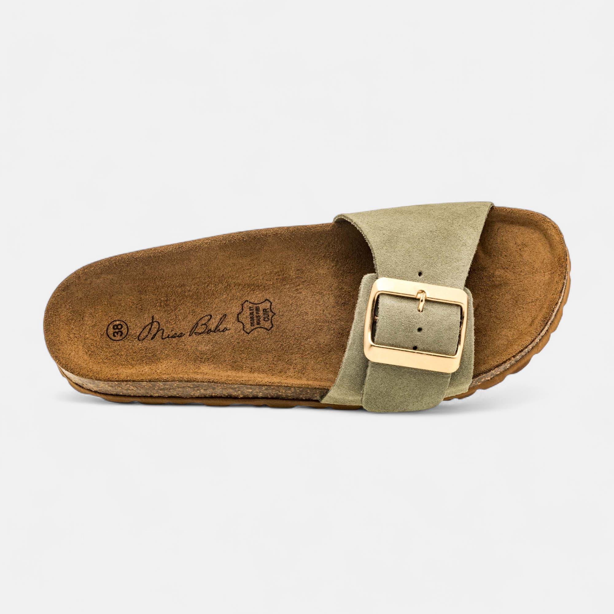 Mules semelle liège Femme en cuir vert clair
