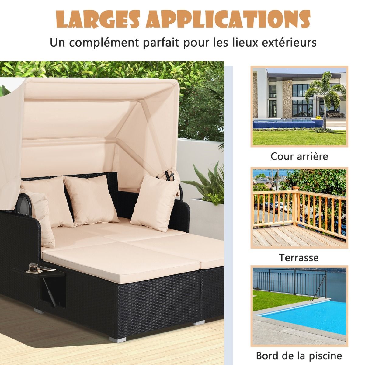 Chaise Longue à 2 Places en Rotin avec Auvent Rétractable Bain de Soleil avec Panneaux Latéraux Pliables Charge 360KG Beige/Gris - Lidl-Manfred