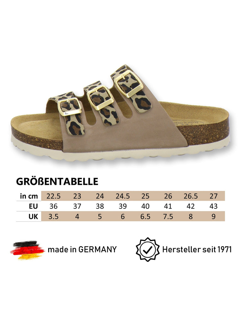 Pantoletten Damen Dreischnaller leo-beige