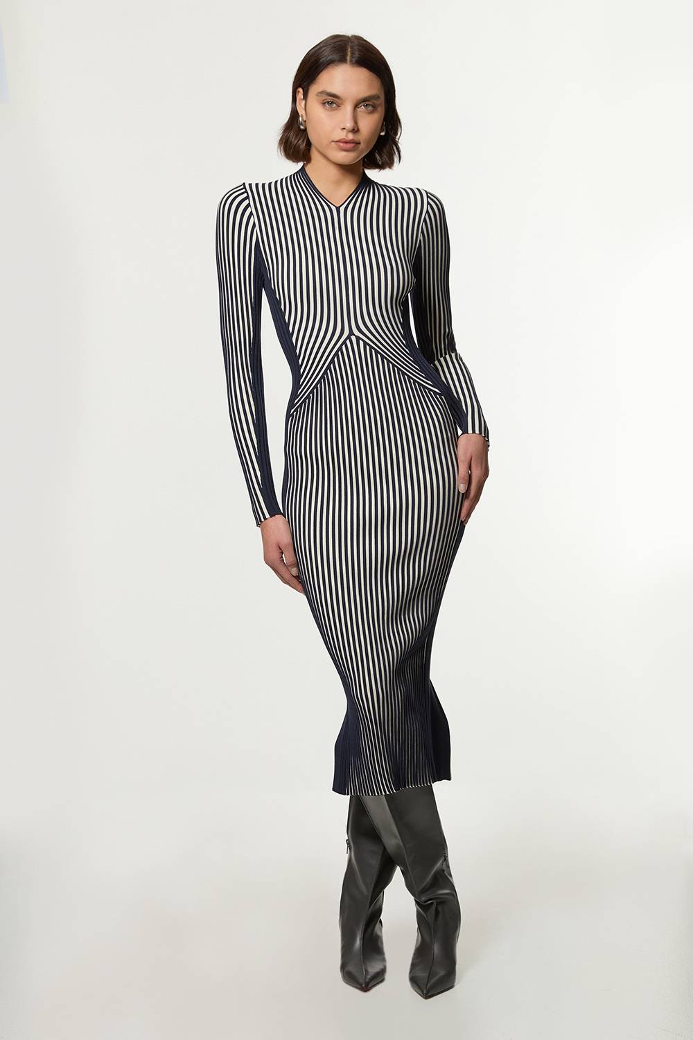 KarenMillen Robe Mi-Longue Tricotée Ajustée à Manches Longues Rayée Petite Taille