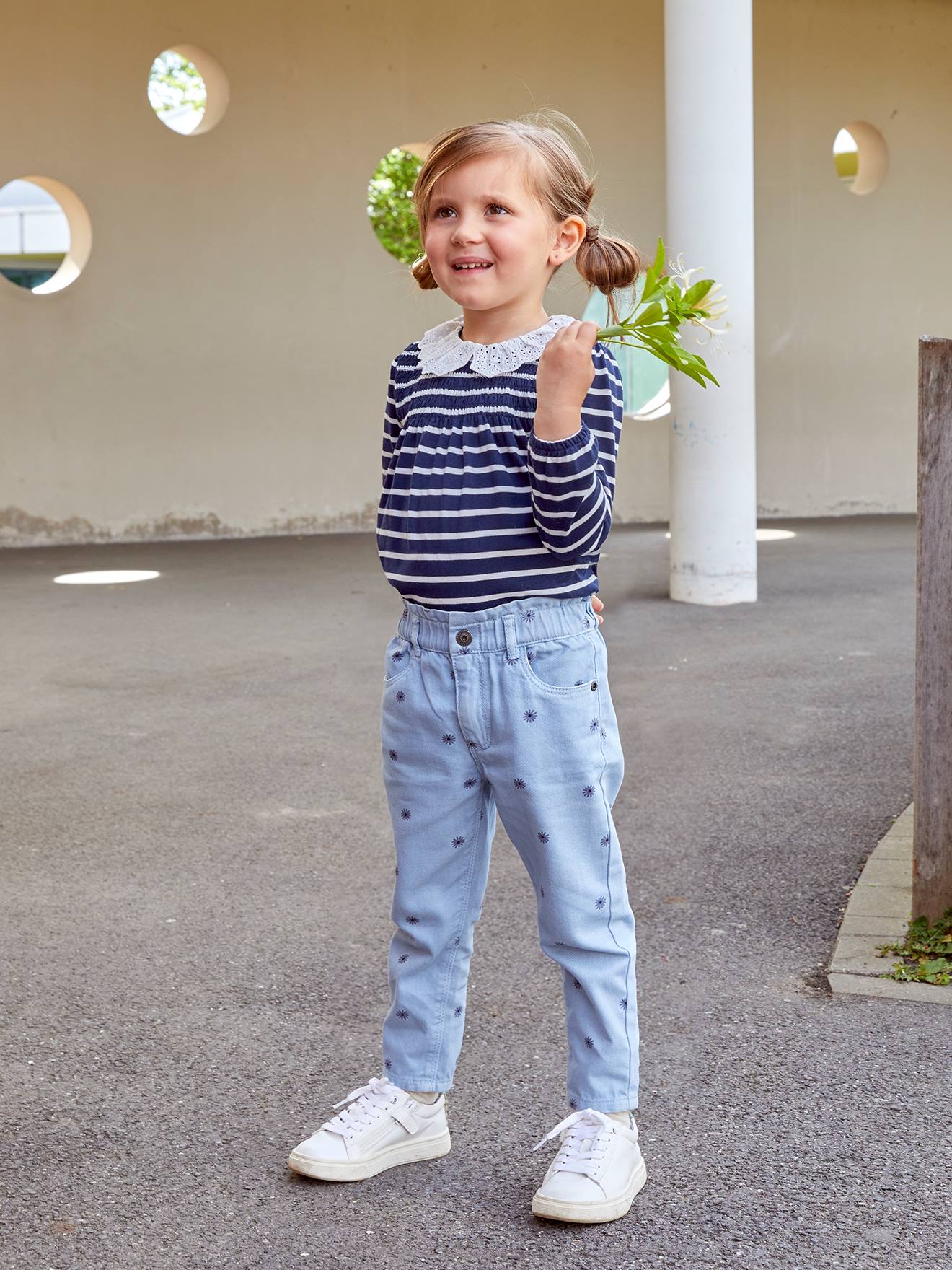 Blusa listrada azul-escura infantil com gola bordada, camiseta, blusa, azul-escuro