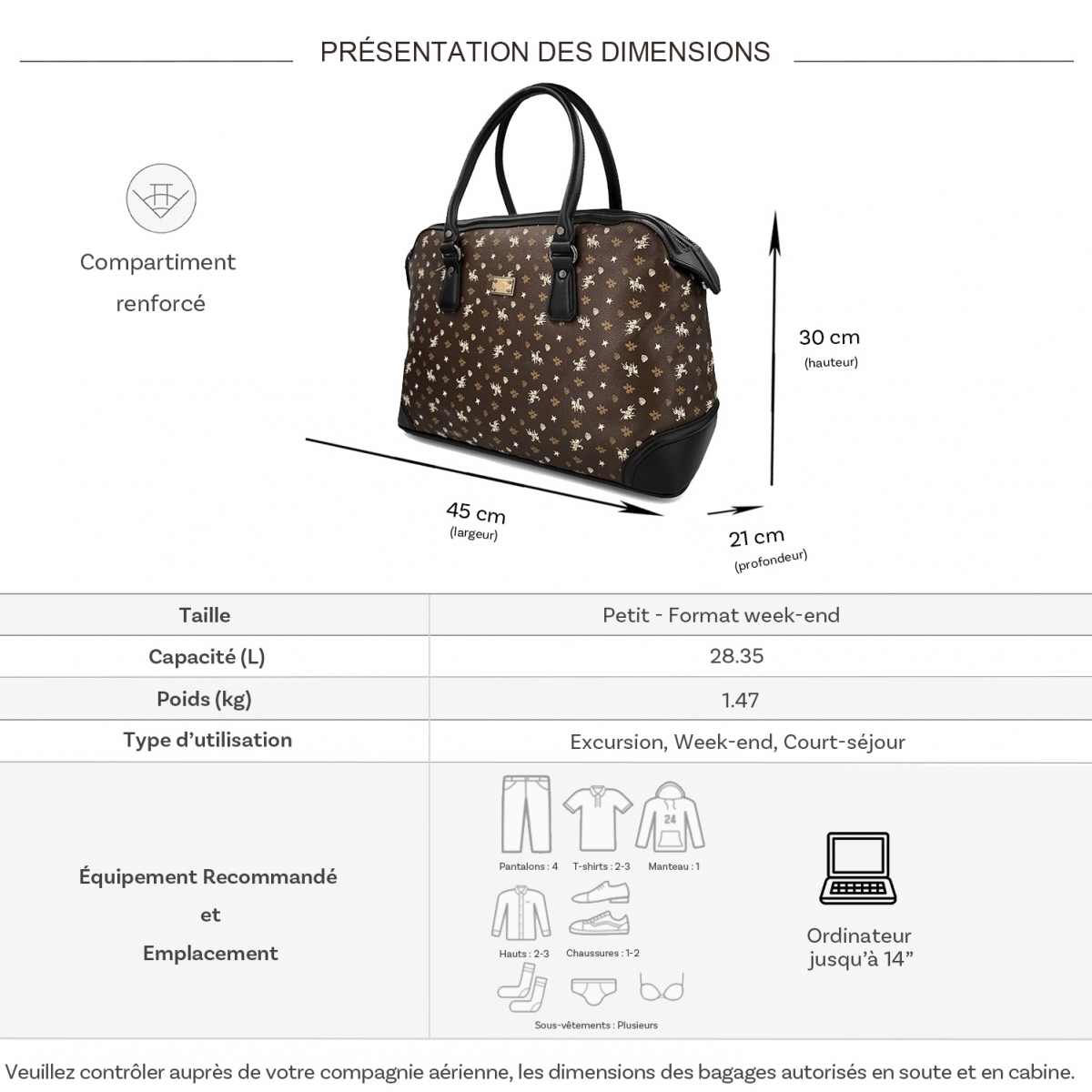 David Jones Sac de voyage week-end 28L porte-ordinateur 14
