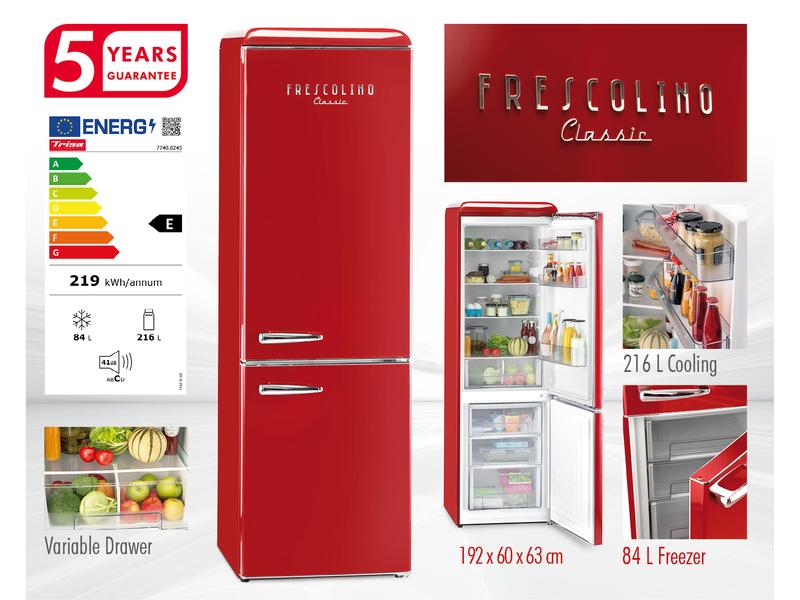 Trisa Kühl-Gefrierkombination Frescolino Classic 300 Rot Grosser Kühlschrank mit Gefrierfach in Retro Design