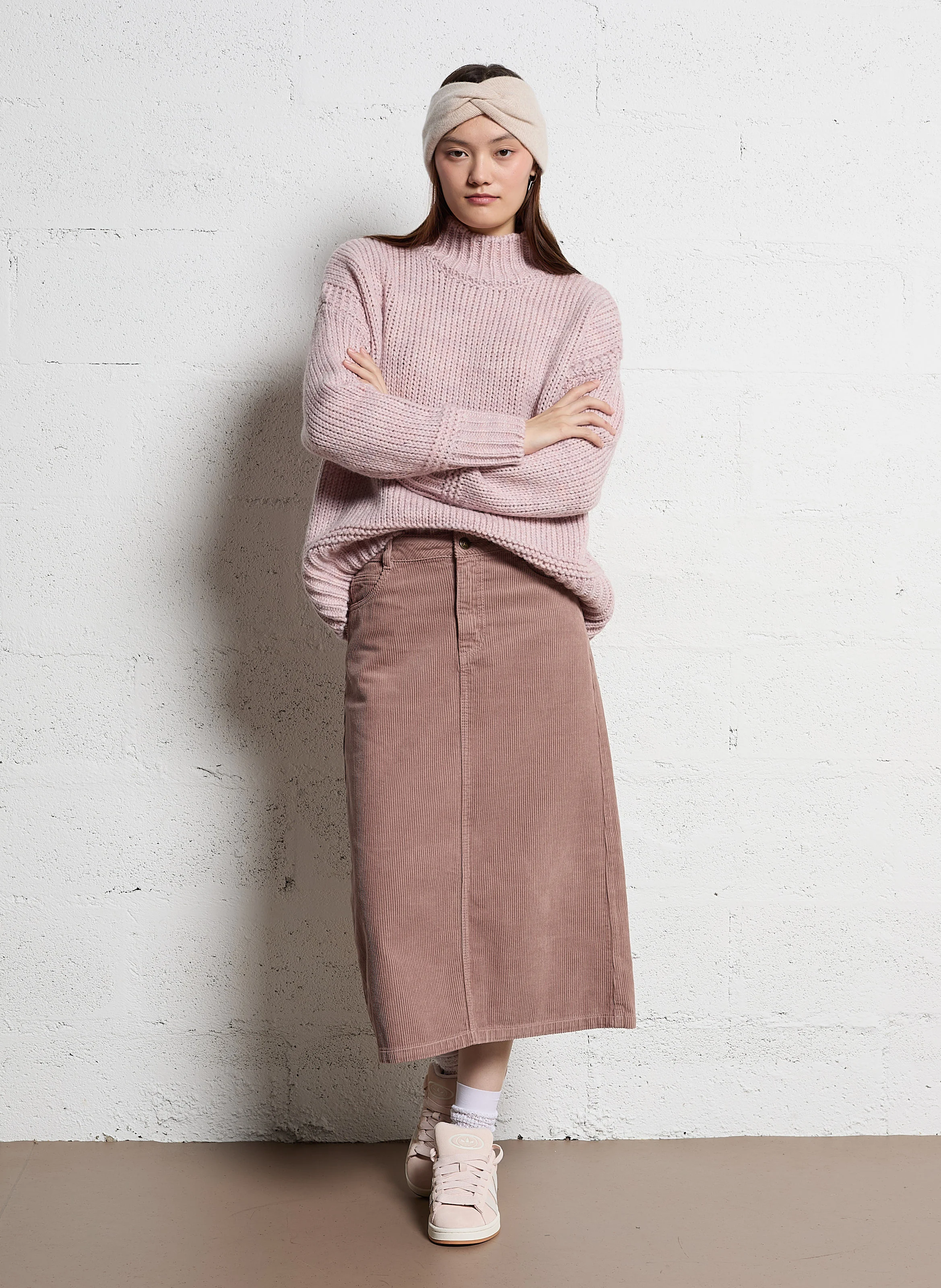 KAYNE - Jupe midi côtelé taille haute | Rose
