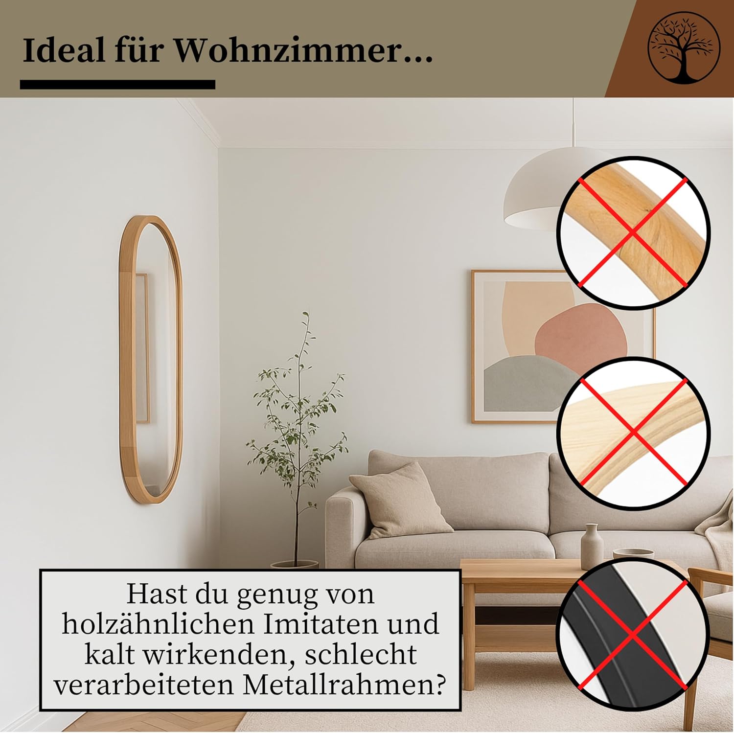 Wandspiegel mit Holzrahmen (120x48 cm) - Oval Spiegel mit Holz Eiche - Ovaler Bad Spiegel für Badezimmer, Flur, Wohnzimmer, Schlafzimmer - Stilvoller Eichenholz Badespiegel LEJA
