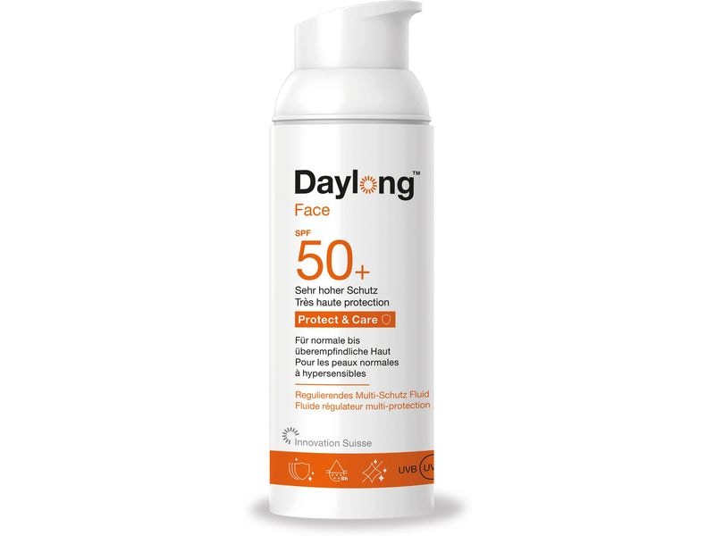 DAYLONG Sonnengel Protect and Care Face Fluid SPF 50  50 ml Wasserfeste und leicht mattierende Sonnencrème fürs Gesicht