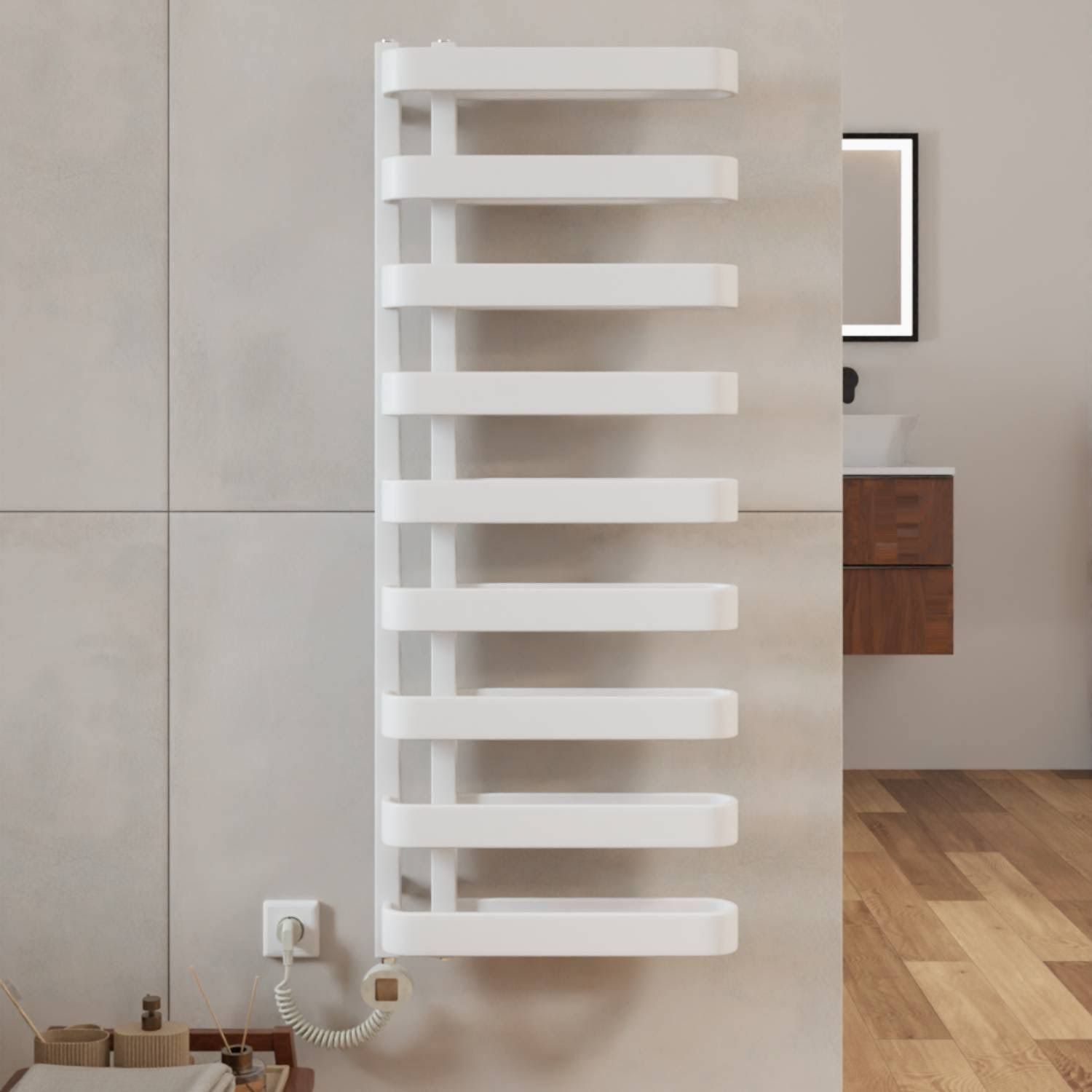 Elektrischer Handtuchheizkörper 'BEN' mit Heizstab, Design Badheizkörper elektrisch mit WiFi Thermostat seitlich offen Weiß (RAL 9016) / H 85cm x B