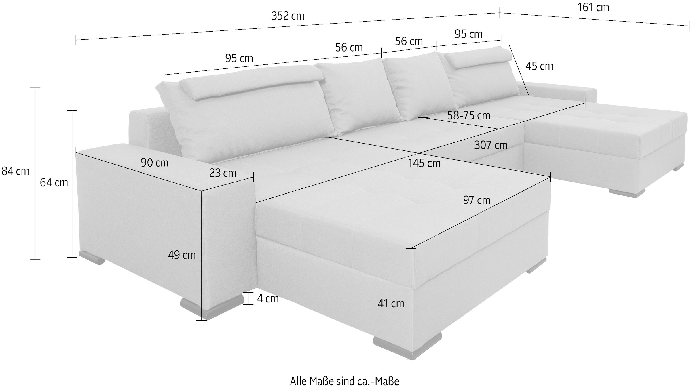 COLLECTION AB Wohnlandschaft »Josy XXXL-Relax U-Form, B: 352 cm« mit Bettfunktion, Bettkasten & 2 Nackenkissen, Federkern