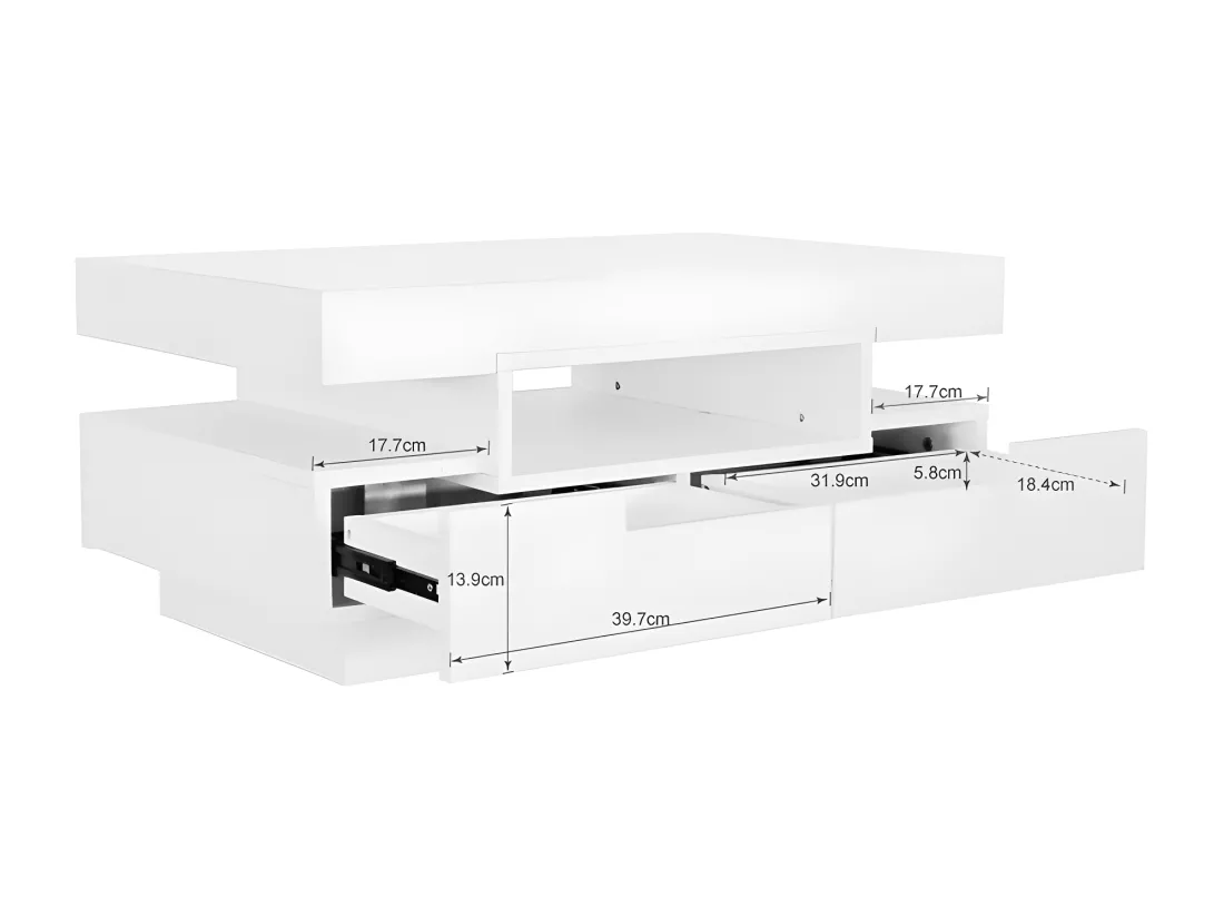 Table basse avec LED - finition brillante - 4 tiroirs avant et arrière - Blanc