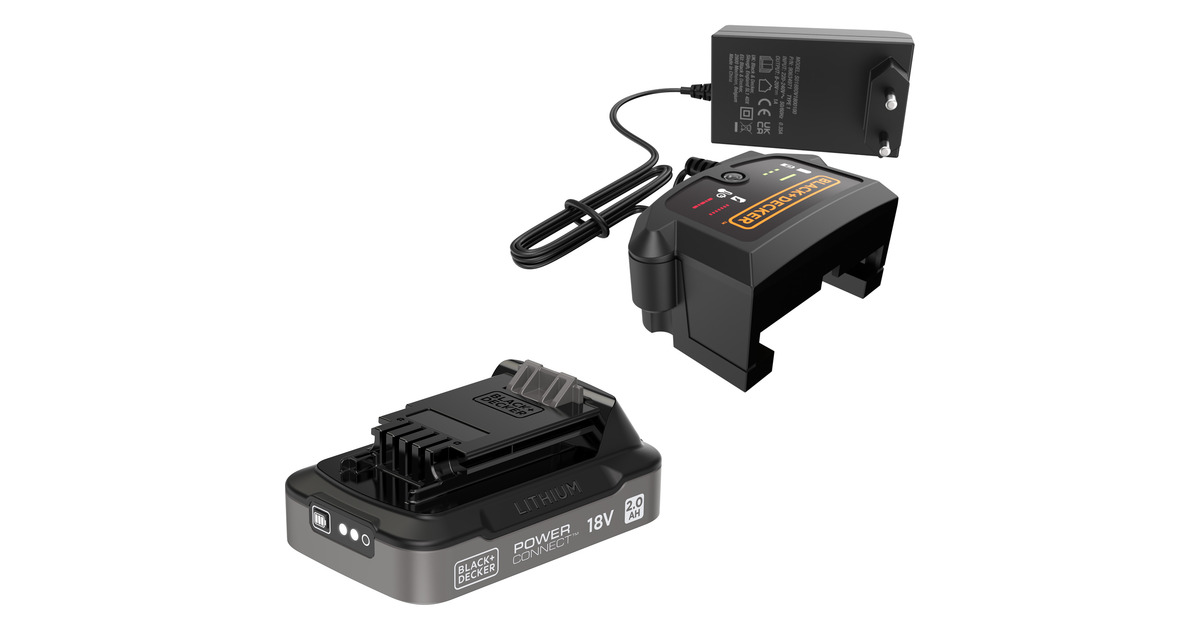 BLACK+DECKERPOWERCONNECT 18V 2.0 Ah accu + 1A snellader oplader  (Zwart, Lithium accu met laadstatusindicator)
