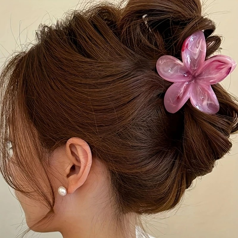 (8cm) Haarspange Klammer Krallen Clip Marble Haar Accessoire Blume - Pink