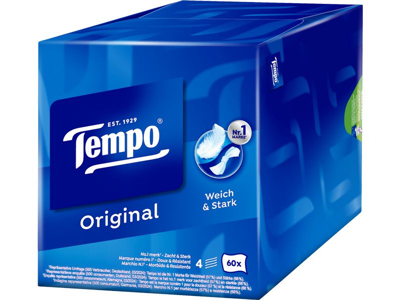 Tempo Taschentücher-Box Original Würfelbox 4-lagig 60 Stück Waschmaschinenfeste Taschentücher fürs Haus oder Büro