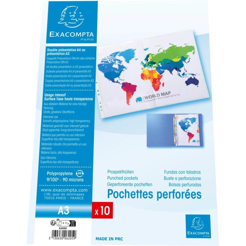 Sachet 10 pochettes perforées polypropylène lisse A3 pliées
