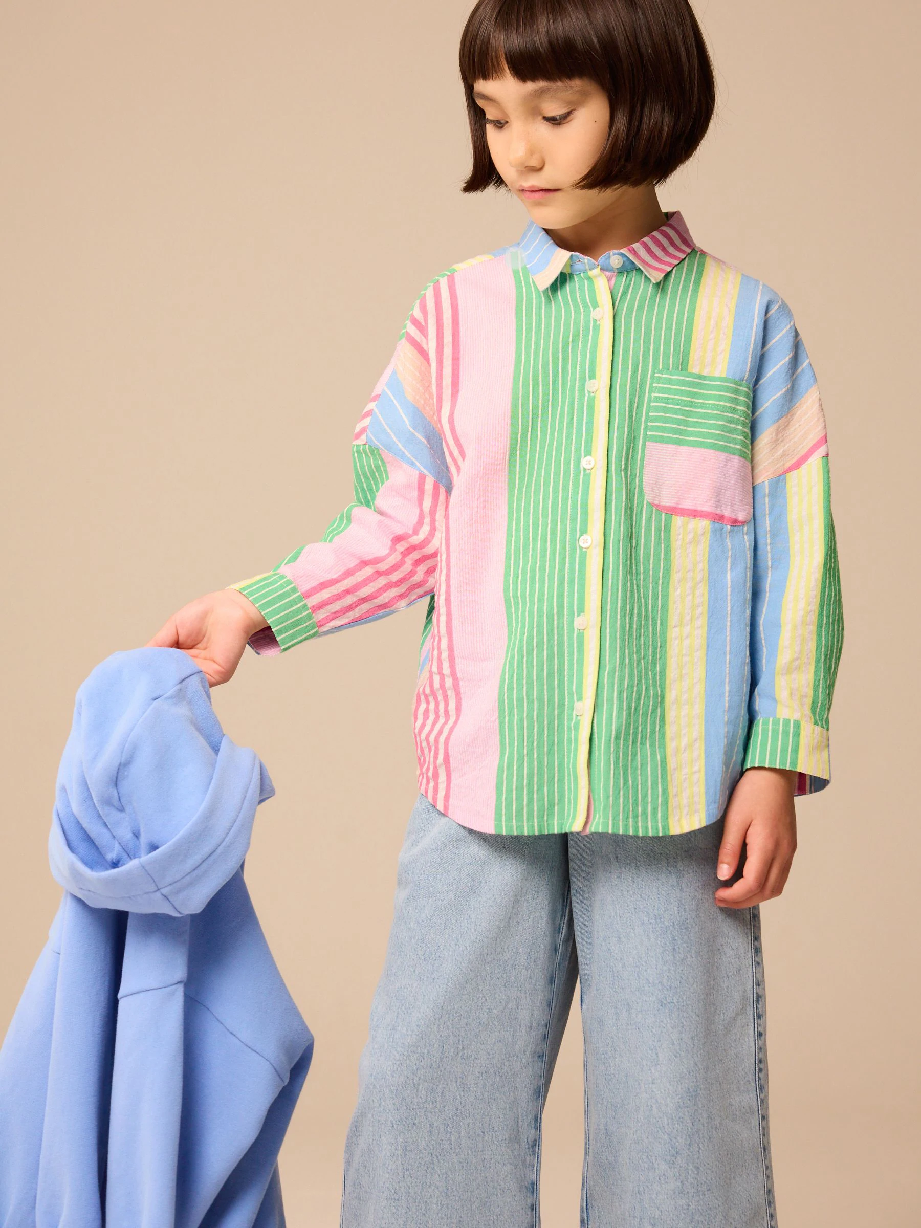 Regenboog van gemengde strepen - Oversized 100% katoenen overhemd (3-16jaar)