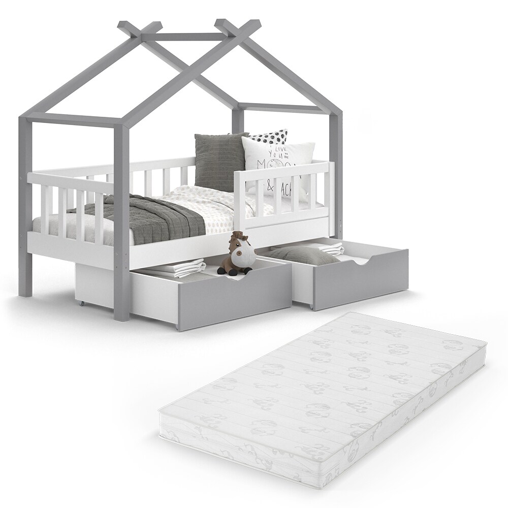 VitaliSpa Kinderbett Hausbett Einzelbett Design Weiß Grau modern 70x140 cm Kinderzimmer Bett Massivholz Lattenrost Schublade Rausfallschutz Schubladenbett Matratze