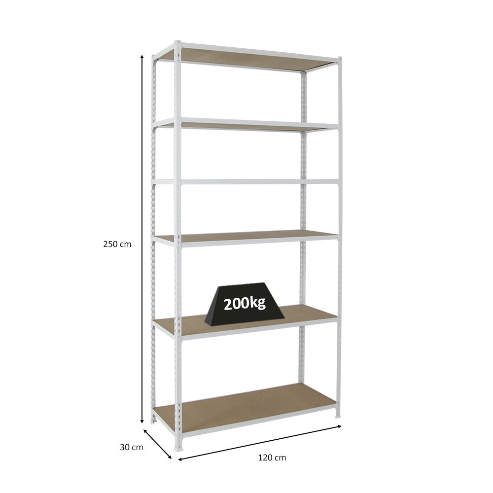 PROREGAL Heavy-Duty Stellingkast Giant Muli HxBxD 250 x 120 x 30 cm 6 Planken Plank Draagvermogen 200 kg Wit