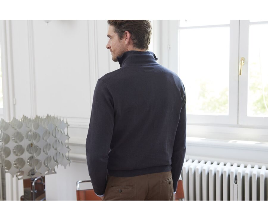 Pull fin homme coton/cachemire col zippé Gris Réglisse - VLAD