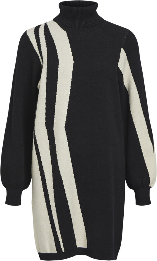 Object OBJRAY L/S KNIT ROLLNECK DRESS AOP Black/sandshell vertical stripes