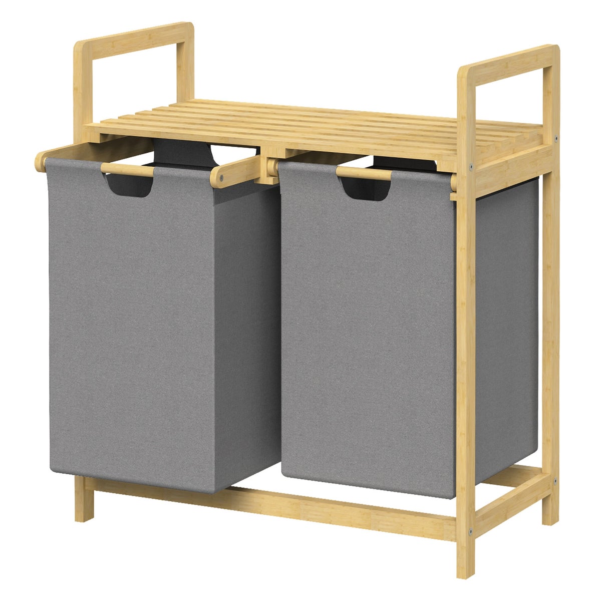 ML-Design Bamboe Wasmand, Grijs, Wasbox met 2 Compartimenten, Wasmand met 2 Uittrekbare Waszakken 60 L, Waskist met Plank, Wassorteerder voor Badkamer, Wasmand met Plank
