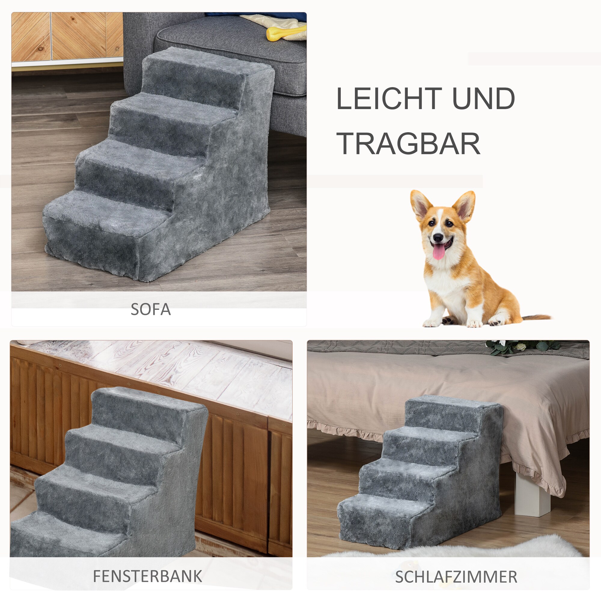 PawHut Haustiertreppe mit abnehmbarem Bezug 60 x 35 x 44 cm (LxBxH)