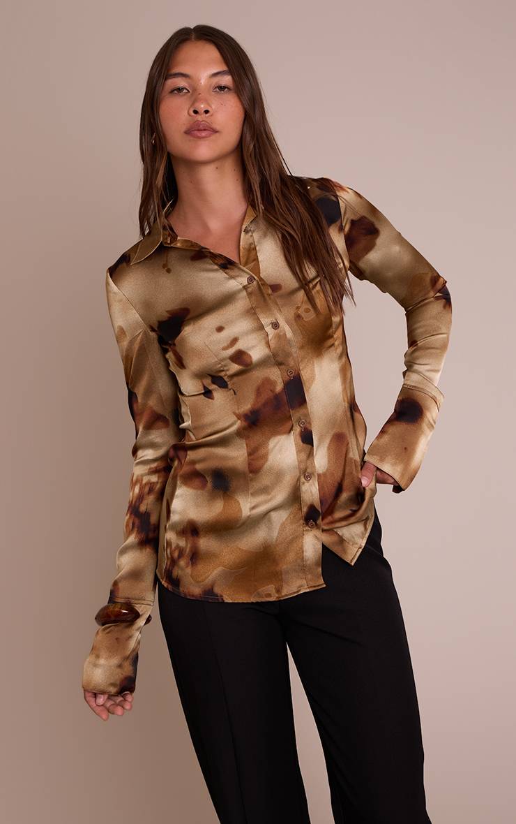 Marron Chemise Ajustée En Satin À Imprimé Floral Abstrait