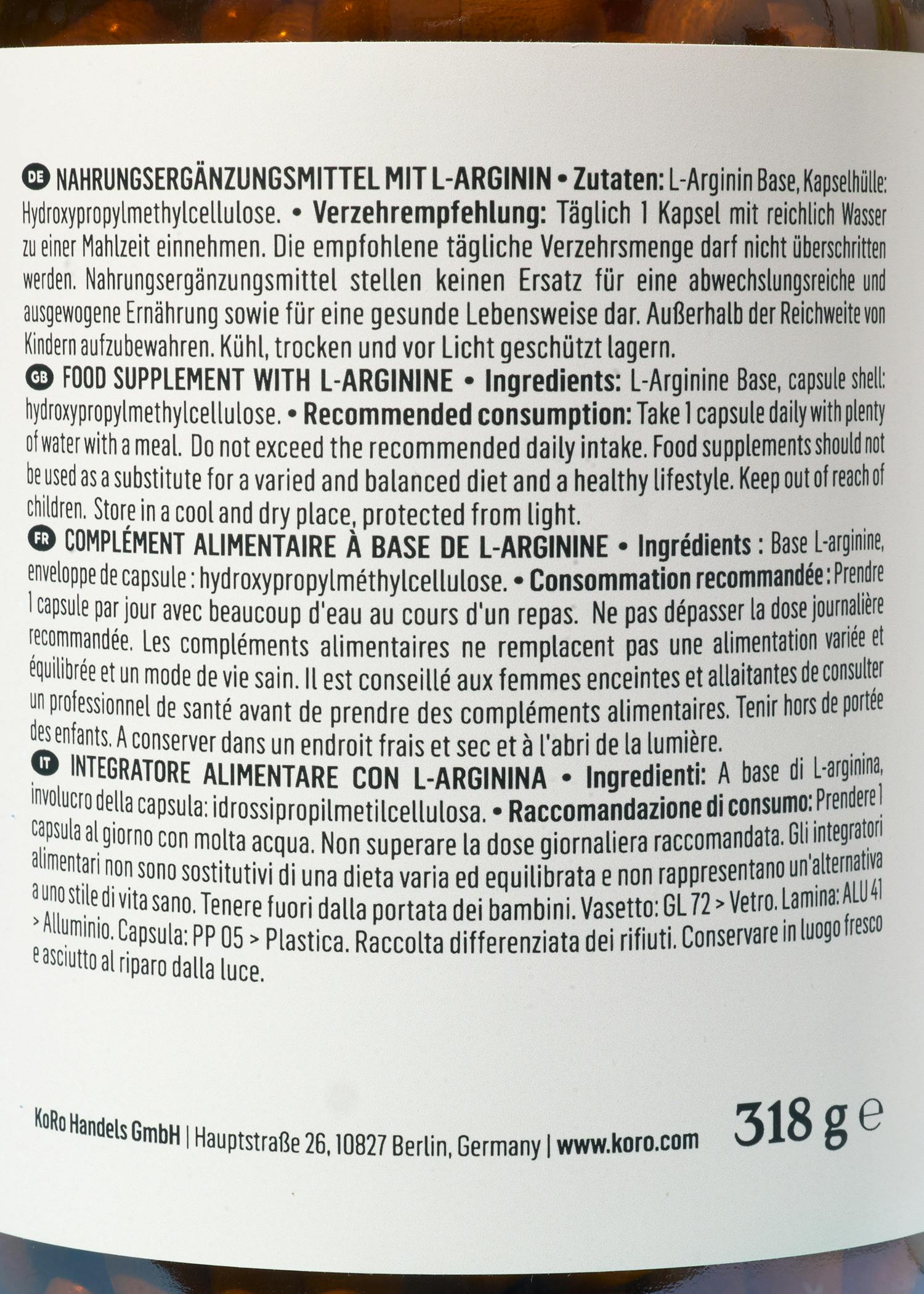L-Arginin Base aus Fermentation Kapseln 365 Stück