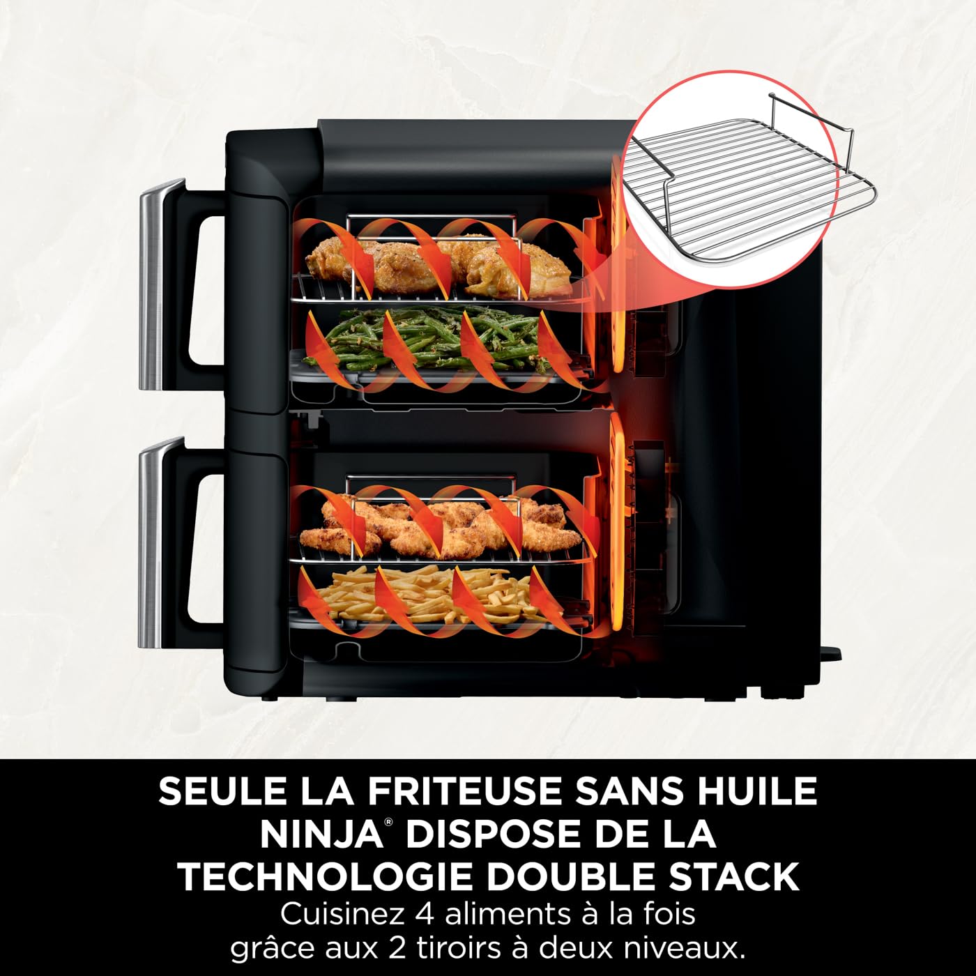 Ninja Double Stack Air-Fryer, Friteuse verticale sans huile à 2 tiroirs, 4 niveaux cuisson, 2 tiroirs et 2 grilles, design compact, capacité de 7,6L,
