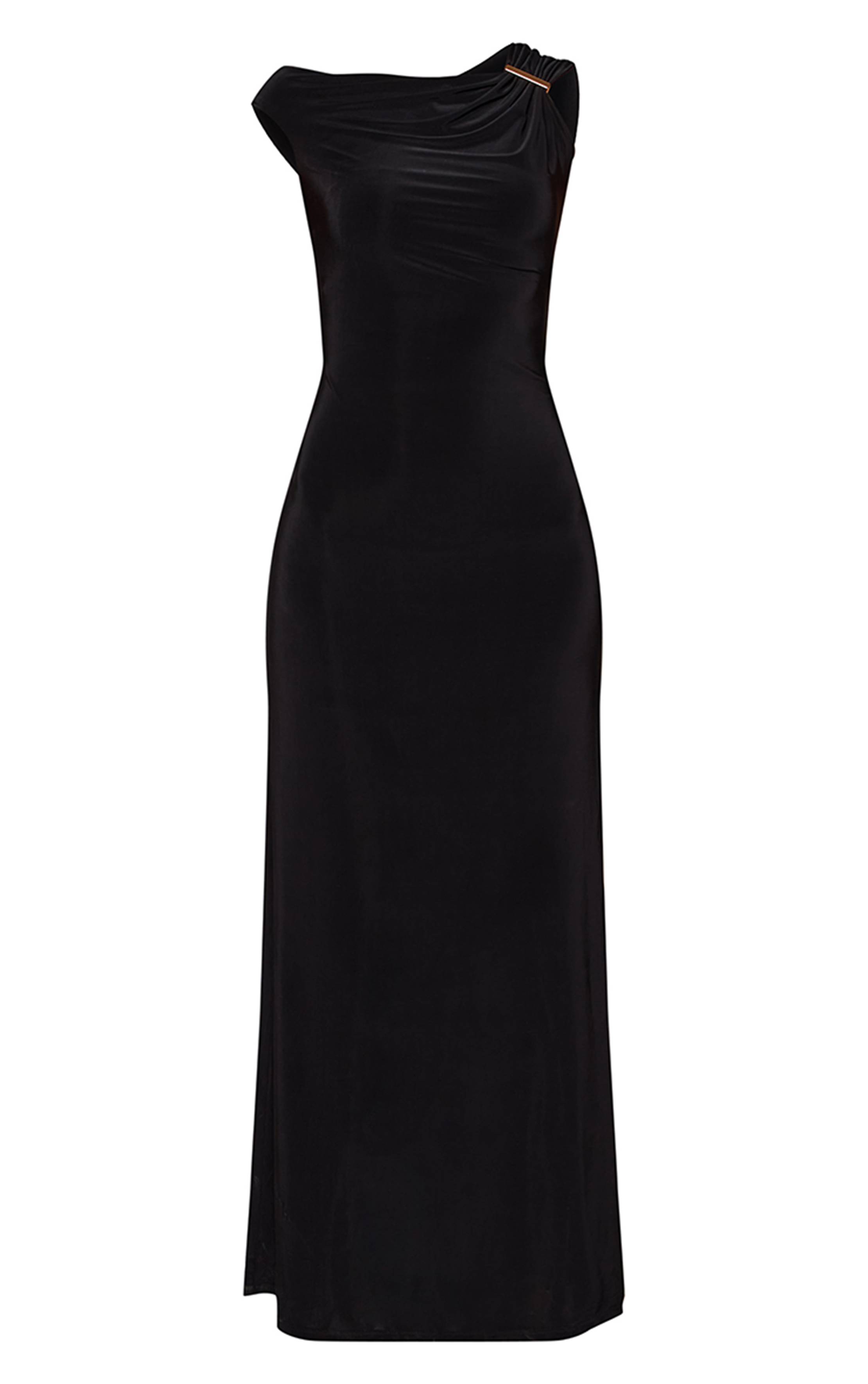 Noir Robe Maxi Moulante Chocolat À Une Épaule Avec Détails De Bordure Dorée