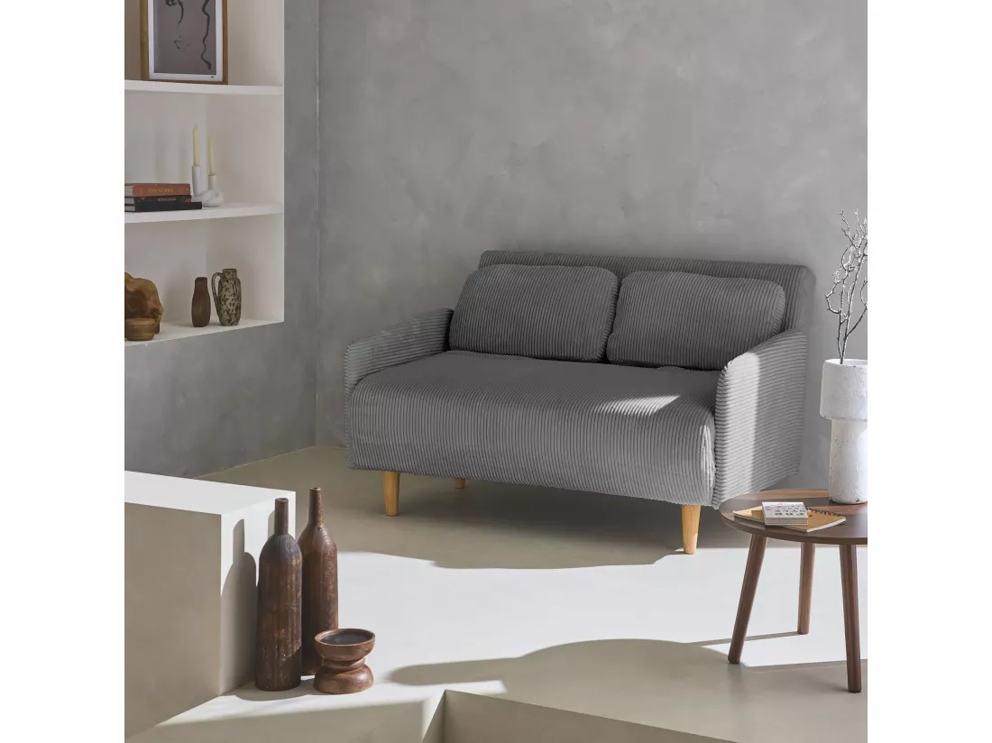 Canapé convertible en velours côtelé - Panam - 2 places scandinave. pieds bois. gris clair. banquette. dossier inclinable