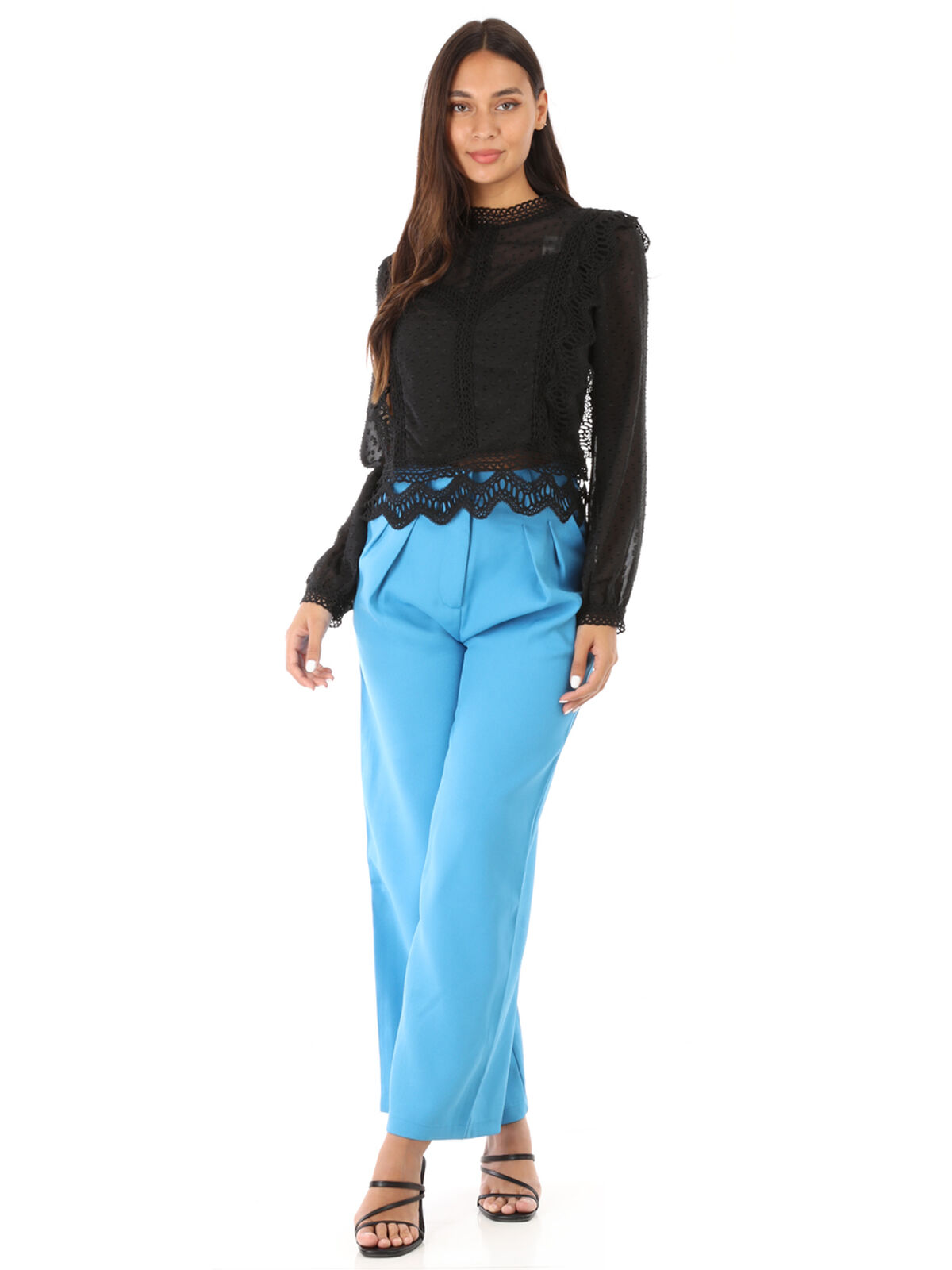 Pantalon palazzo en crêpe taille haute- Bleu