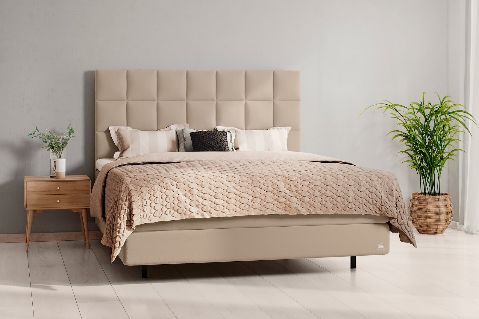 Zilva Kontinentalseng 200x210 Tekstil Moment Beige, Ocean Softec overmadrass og Floating ben, Sengegavl selges separat.