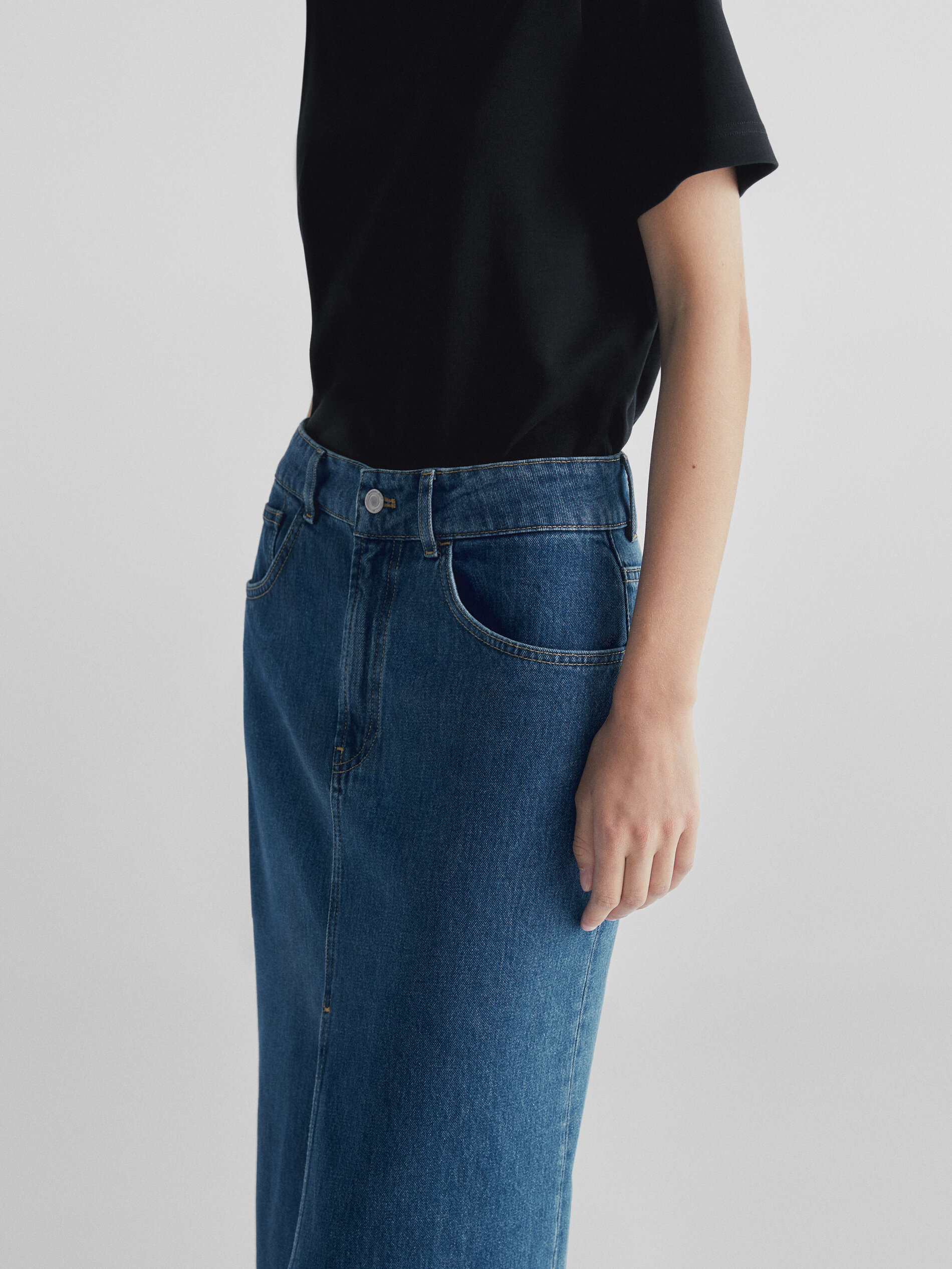 Saia midi jeans de cintura alta - AZUL MÉDIO