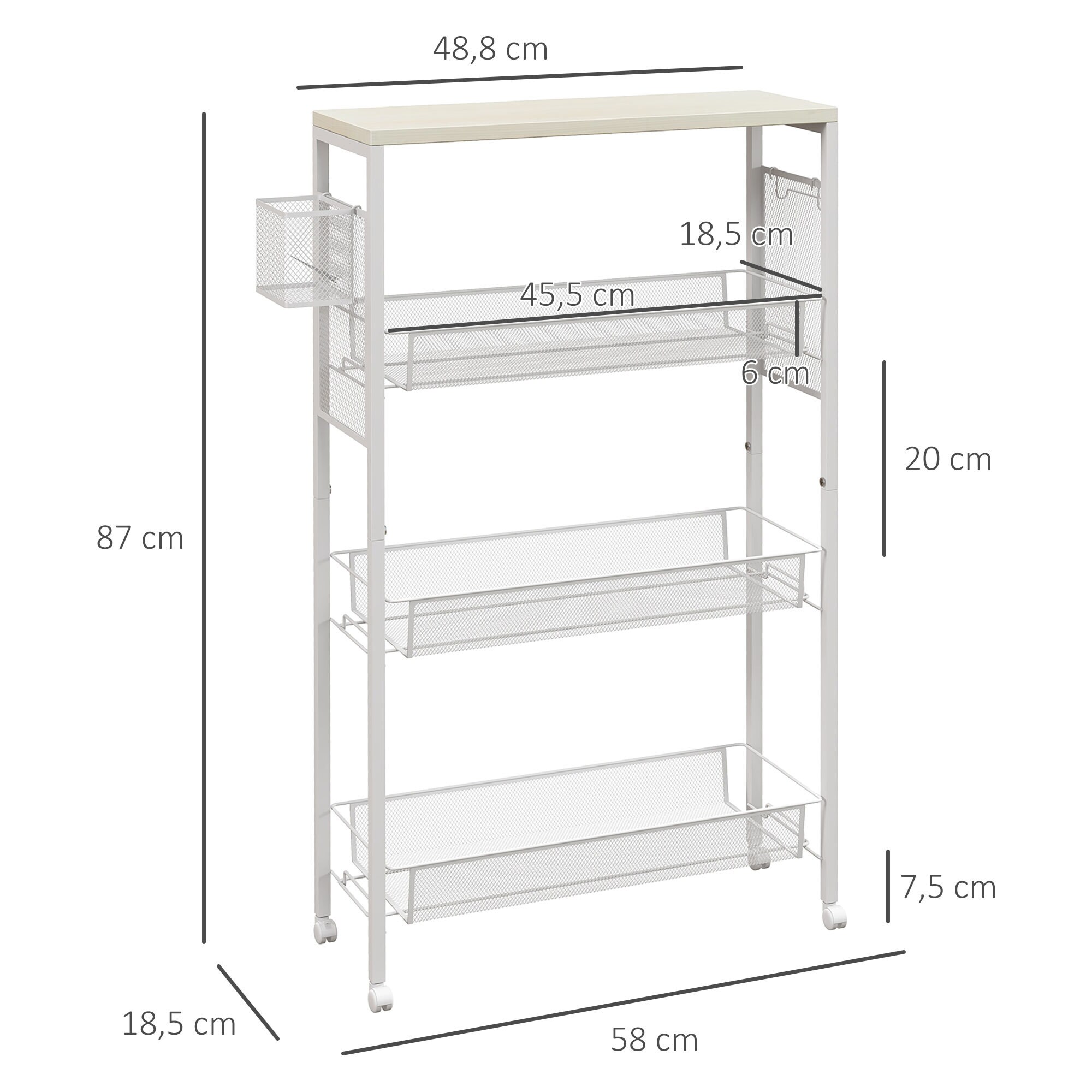 HOMCOM Küchenwagen mit Haken und 4 Ebenen weiß 58L x 18,5B x 87H cm