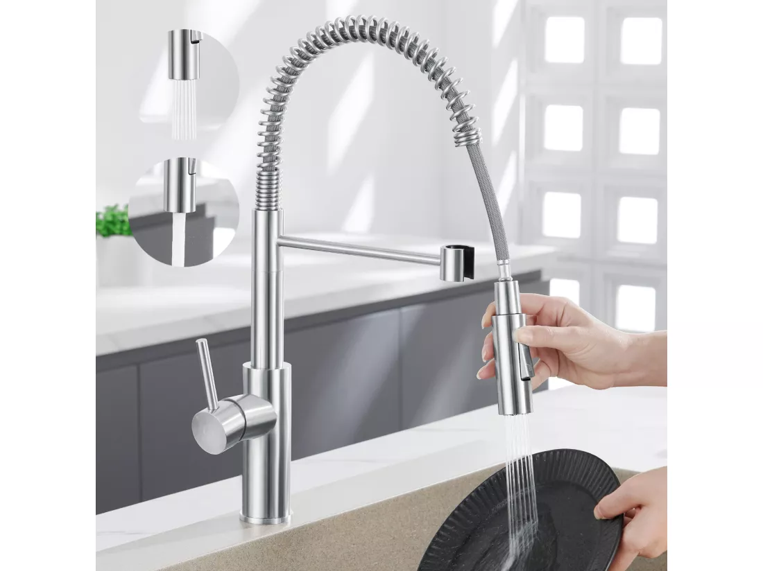 CECIPA MAX Evier 1 Bac en Quartz et Résine Noir Gris 50*44*20cm + Mitigeur de Cuisine à Ressort Brossé avec Douchette Extractible