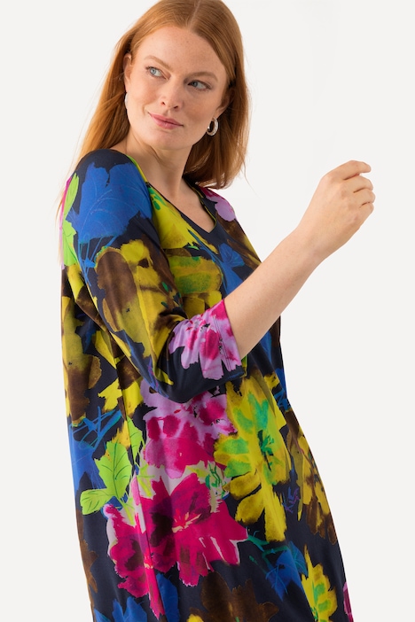 Slinkyshirt, Blüten, V-Ausschnitt, 3/4-Arm
