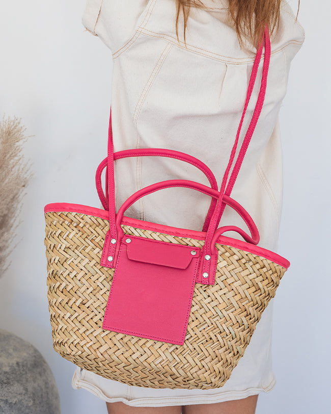 Sac panier femme raphia et simili cuir rose et beige - Julia