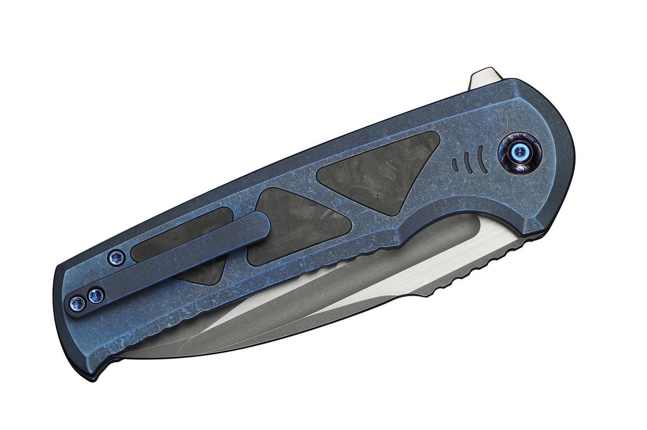 WE Knife Sylox WE24027-2 Gray Stonewashed, Blue Titanium Shredded Carbon Inlay, zakmes