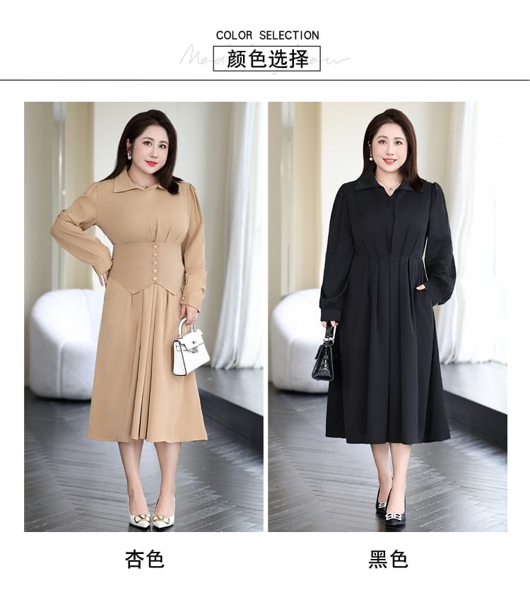 tropibreeze - Plus Size Lange Mouw Kraag Effen Midi A-lijn Jurk