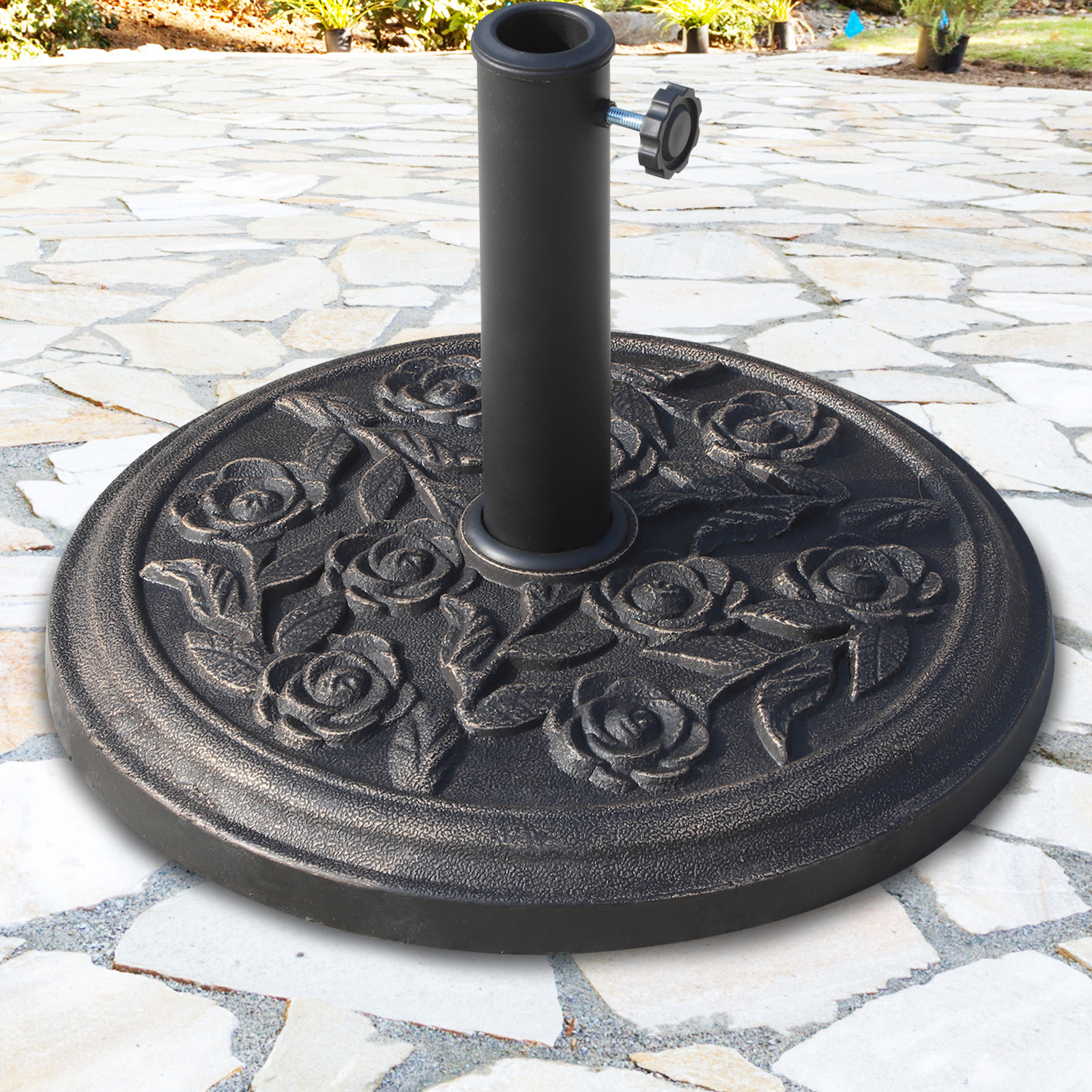 Base redonda de resina para guarda-sol de jardim Outsunny, 9 kg, para hastes de 38 mm/48 mm, Ø45,5 x 31 cm, cor bronze.